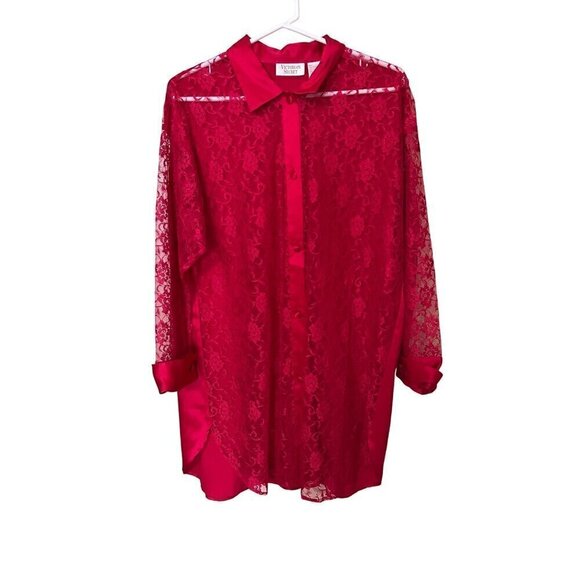 Victorias Secret Red Lace Button-Down Shirt P/S feminine Coquette - Picture 1 of 8